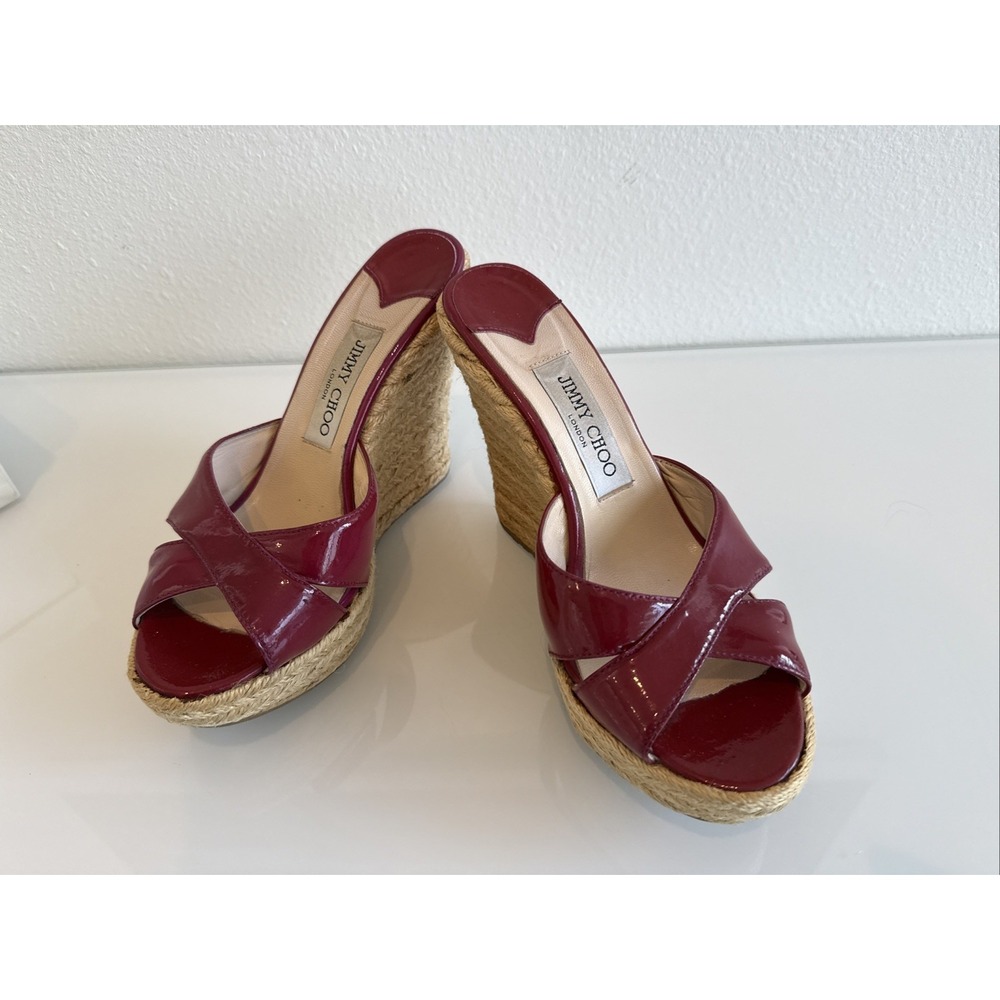 JIMMY CHOO Patent Leather Wedge Sandals 093 Phyllis - Fuchsia Sz EU38 w/Box